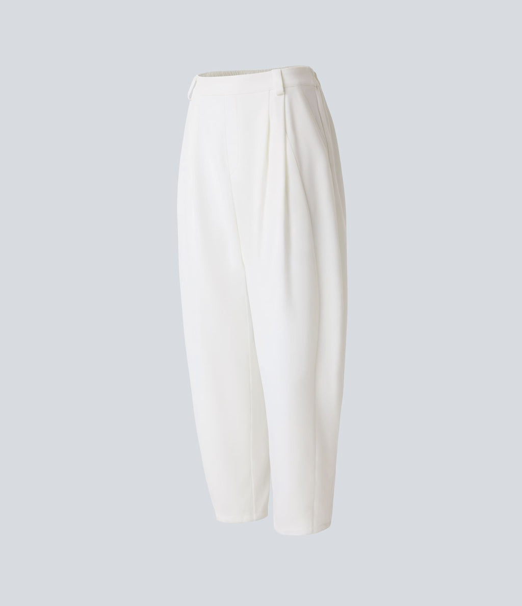 Pantalon tailleur ample, taille moyenne, coupe barrel, à poches