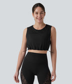 Débardeur yoga court col rond mesh respirant avec ourlet à cordon de serrage