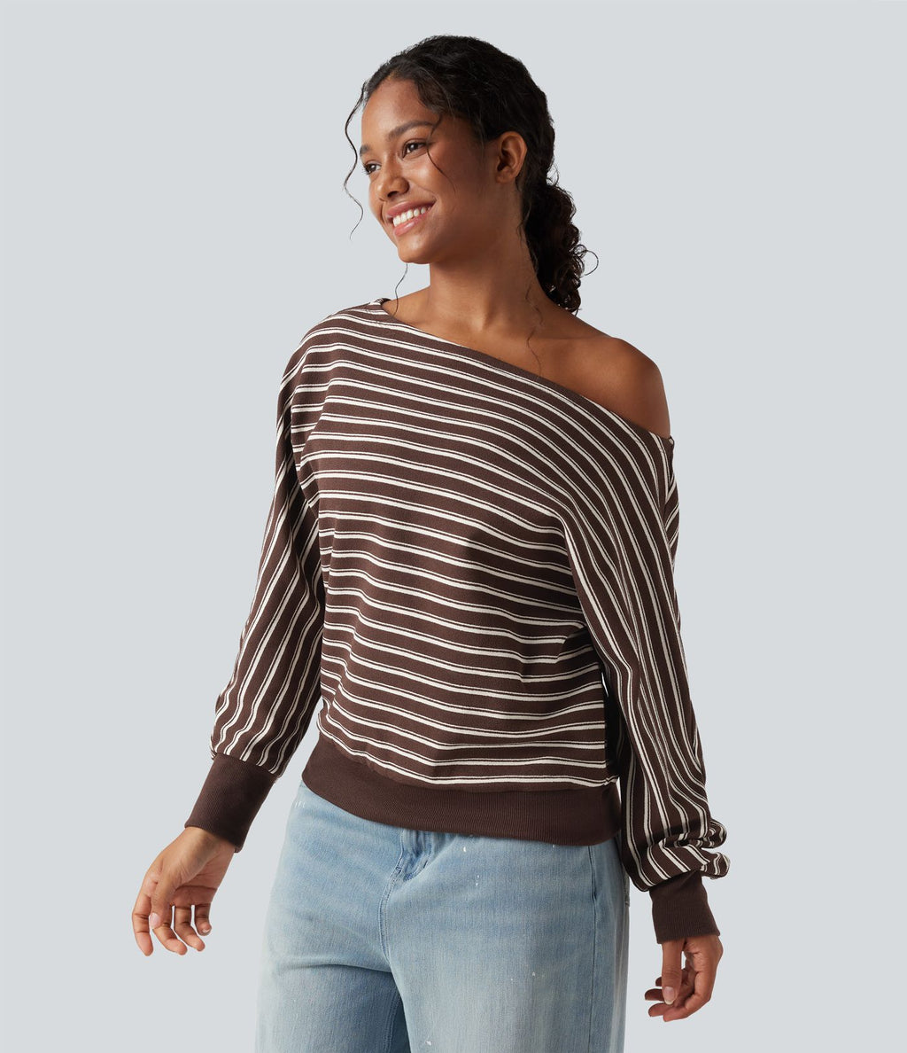 Sweat-shirt rayé épaules dénudées manches longues coupe décontractée