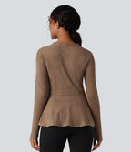 Veste daim col V ourlet à volants manches longues