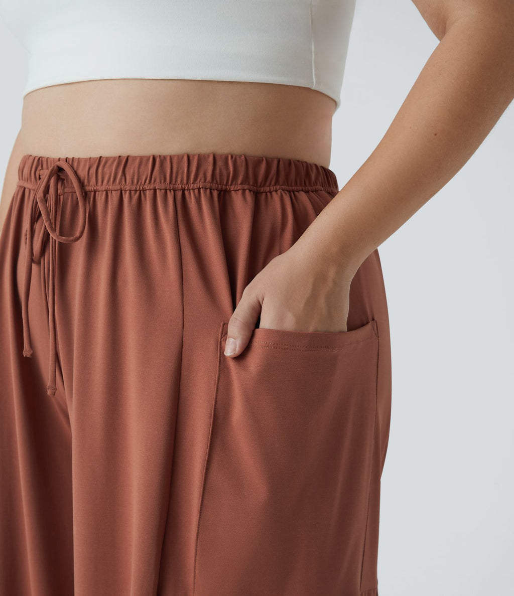 Pantalon Large Casual Taille Mi-Haute Taille Élastique Cordon Poches Latérales Ourlet Flottant Grande Taille