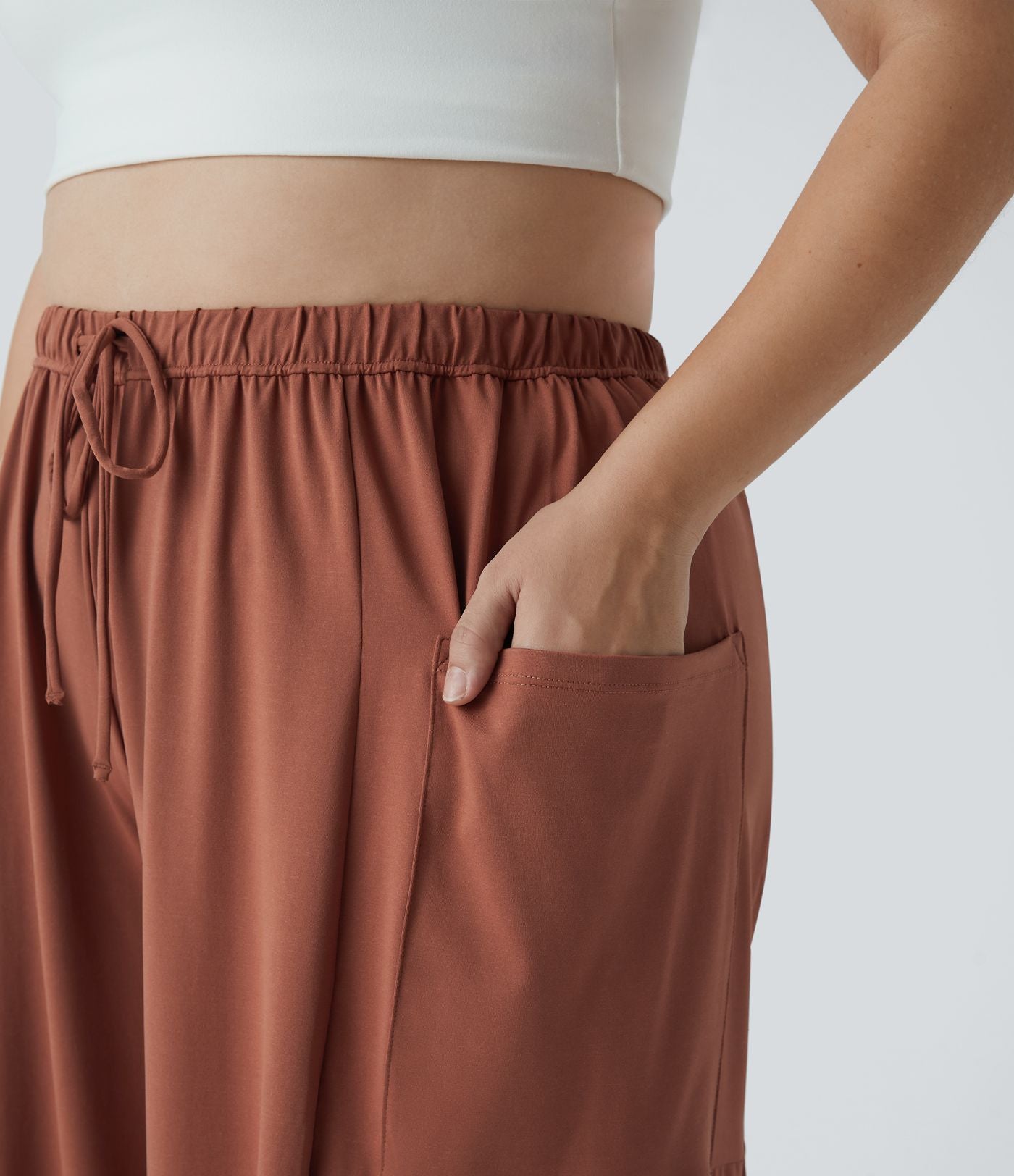Pantalon Large Casual Taille Mi-Haute Taille Élastique Cordon Poches Latérales Ourlet Flottant Grande Taille
