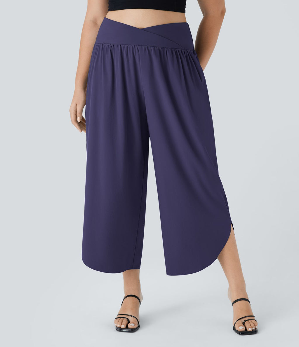 Breezeful™ Pantalon de Vacances Grande Taille Taille Haute avec Découpe Croisée Plissé Poche Latérale Fente et Séchage Rapide