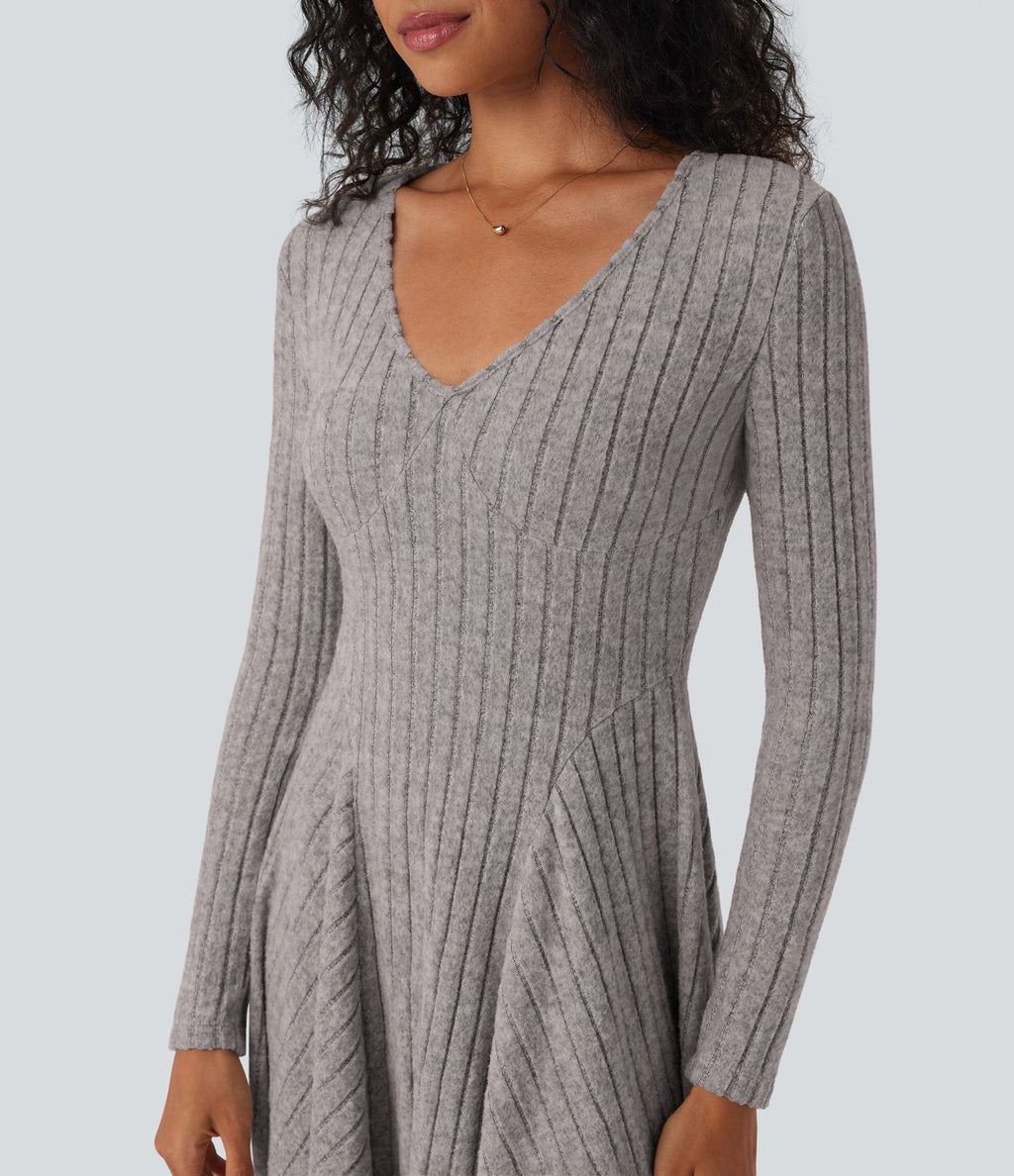 Robe décontractée mini évasée maille côtelée col V manches longues