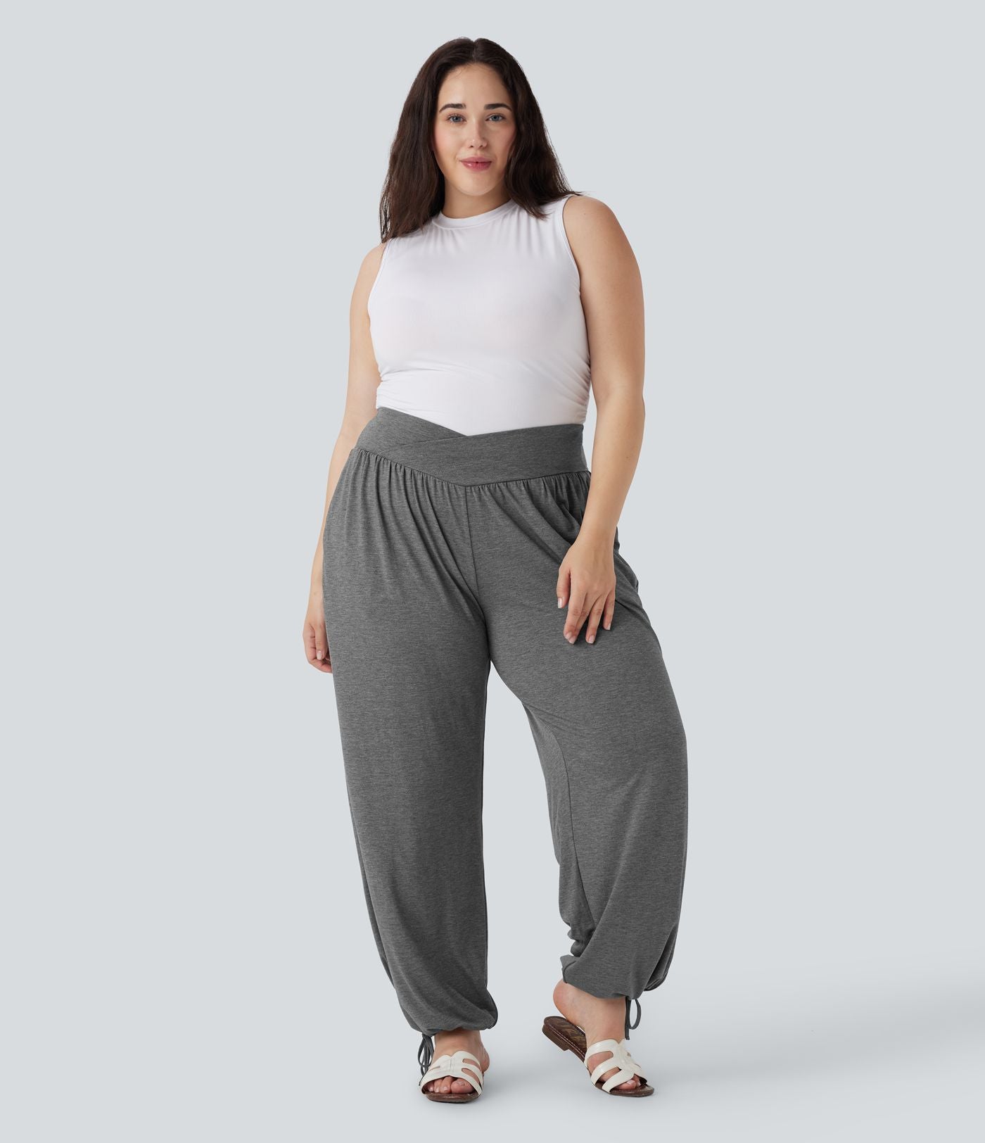 Jogging décontracté grande taille taille haute croisé à cordon avec poches latérales