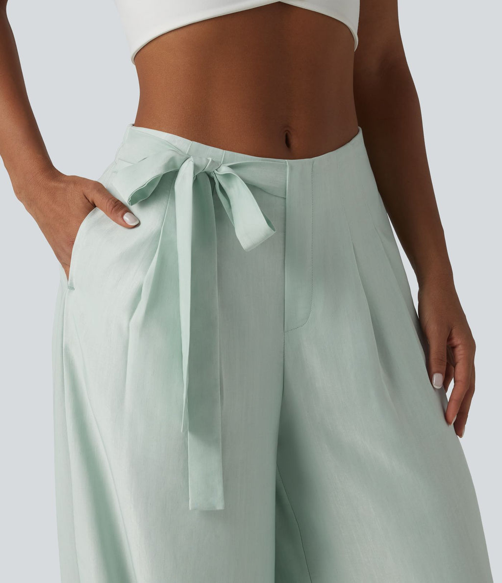 Pantalon large fluide taille haute en lin mélangé avec poches et liens latéraux