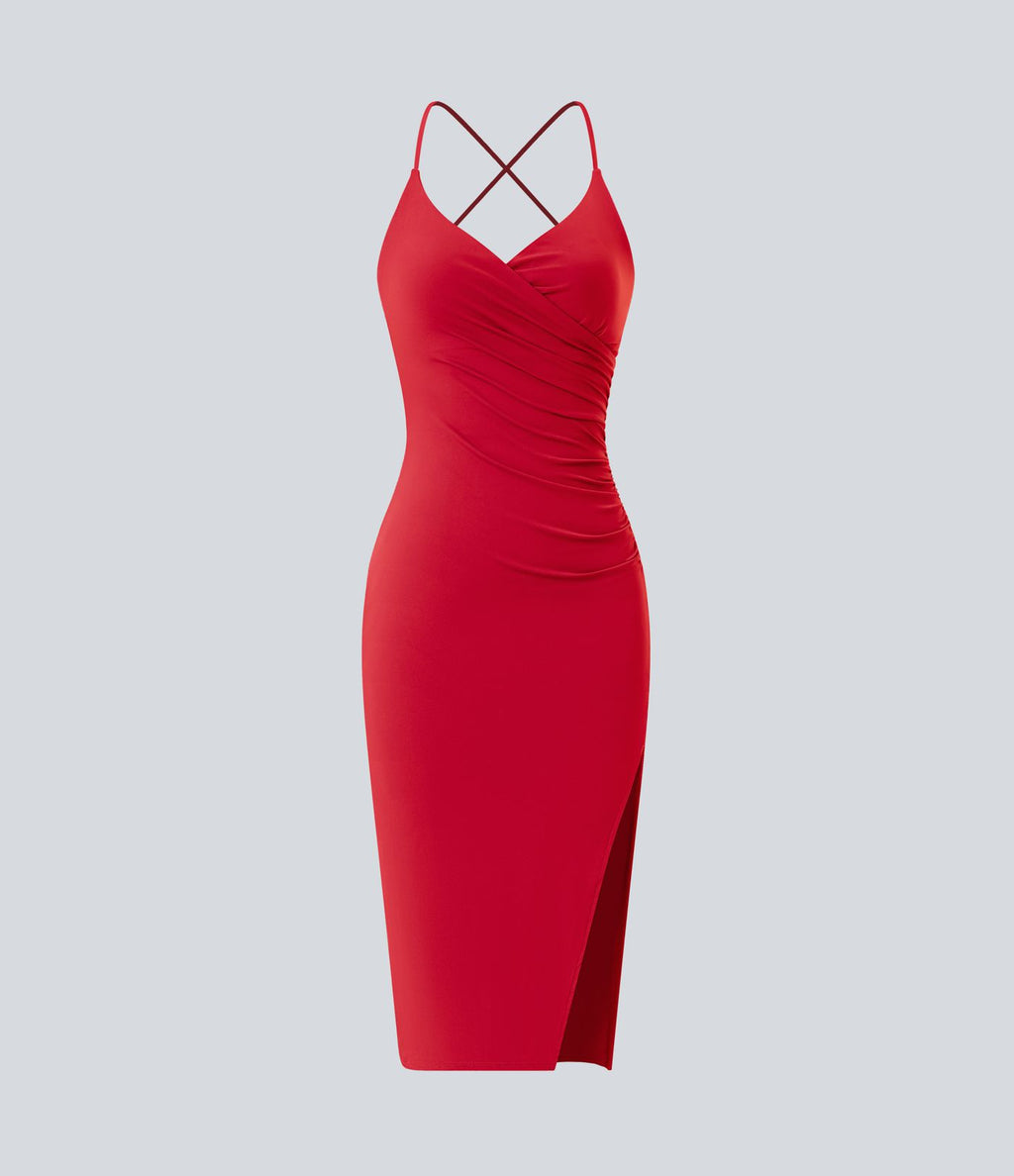 Robe moulante SoftlyZero™ Airy fendue à effet frais InstantCool, brassière intégrée, dos nu croisé à lacets, légèrement plissée pour invitée de mariage et demoiselle d'honneur