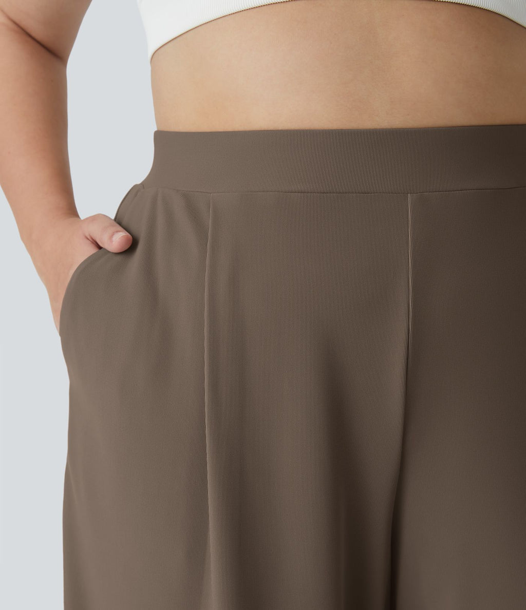 Pantalon de travail grande taille Halara Flex™ à taille haute sculptante et amincissante, poches latérales, jambes larges et tissu micro-gaufré