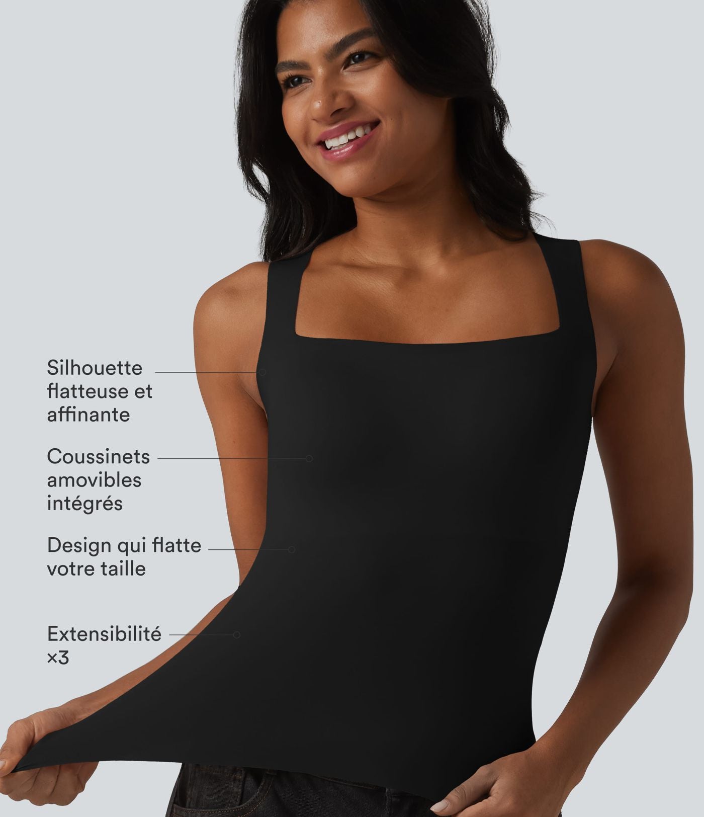 Débardeur décontracté col carré avec soutien-gorge intégré bonnets B-E