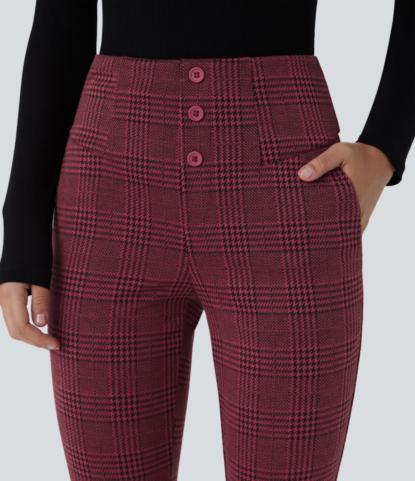 Halara Flex™ Pantalon tailleur Cintrés à Taille Haute avec Boutons Décoratifs Poches Latérales et Imprimé Pied-de-Poule