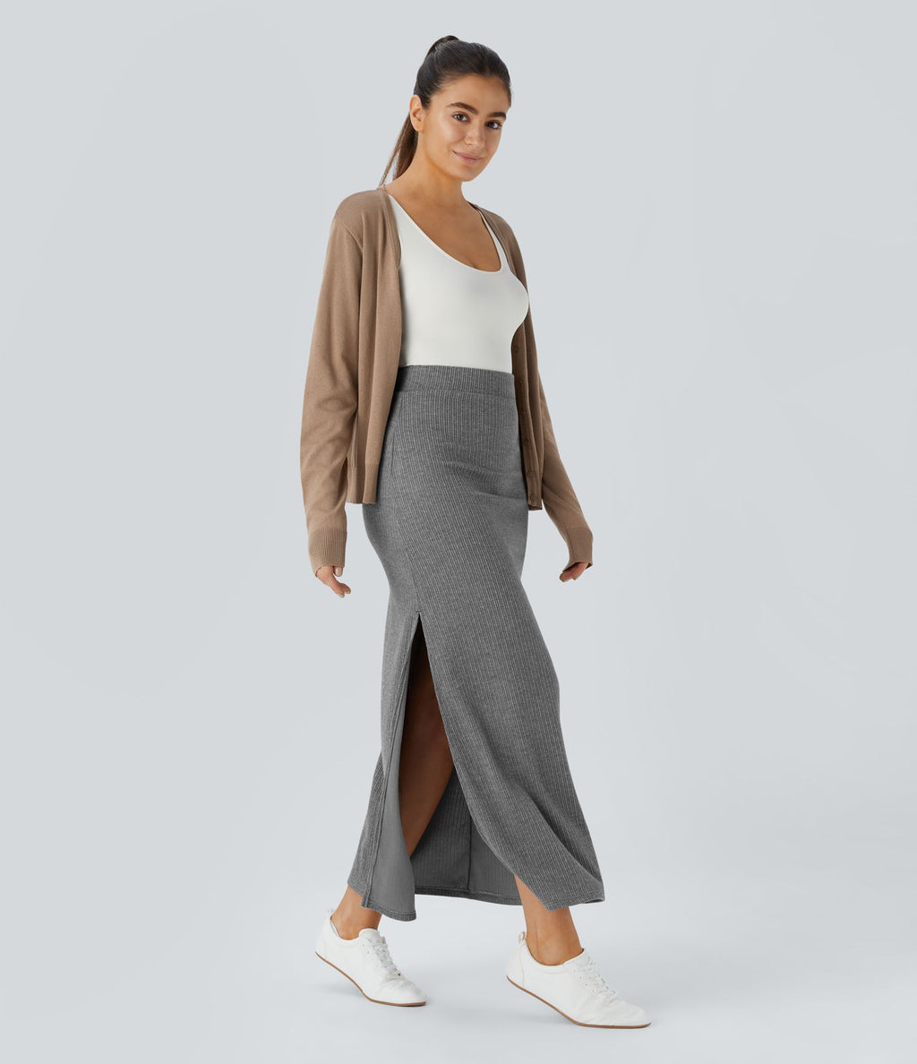 Jupe Casual Maxi à Taille Haute et Ourlet Fendu en A-Line en Côtes