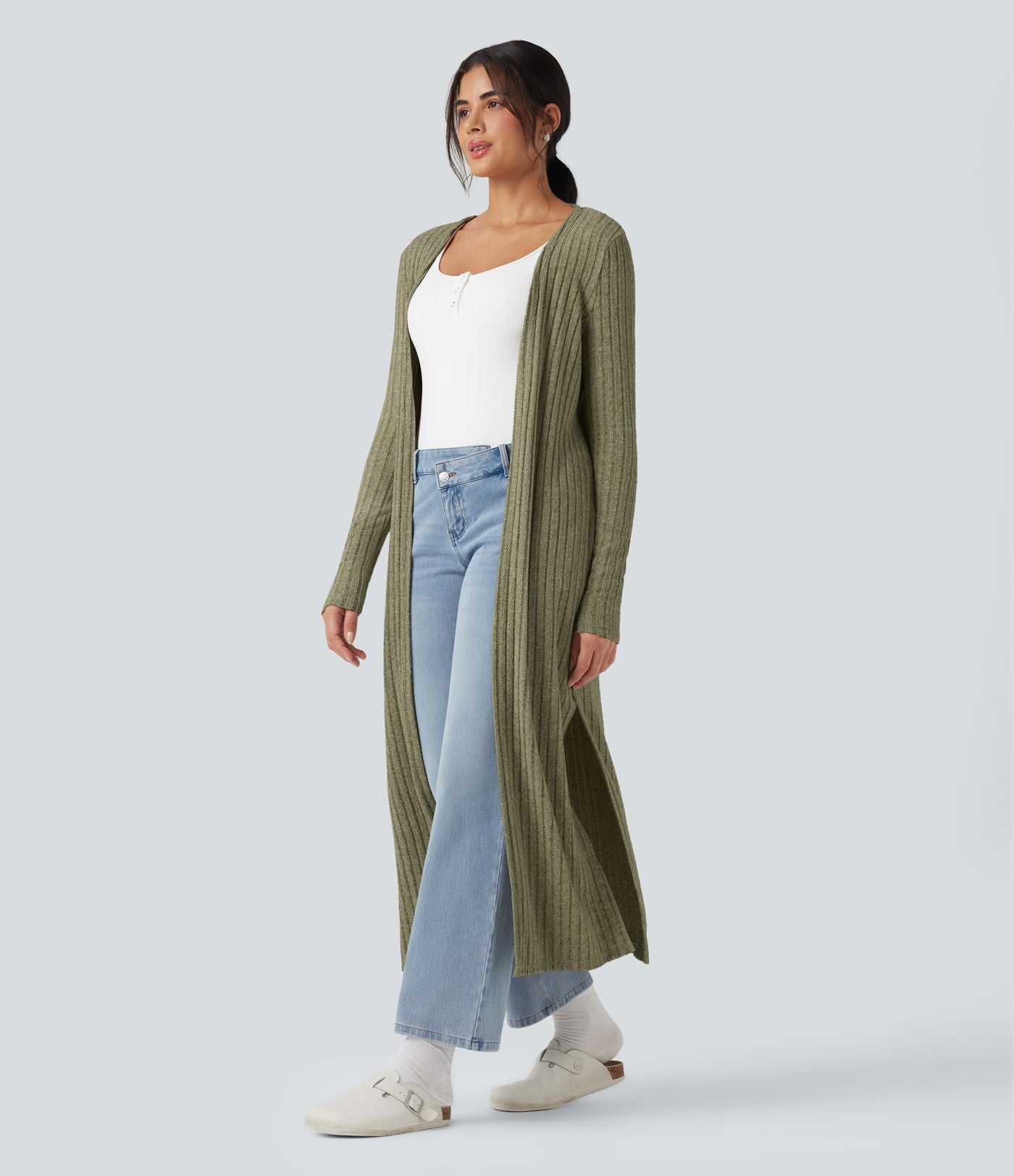 Manteau long décontracté maille côtelée manches longues avec fente