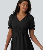 Robe décontractée fluide mi-longue col V manches bouffantes taille froncée