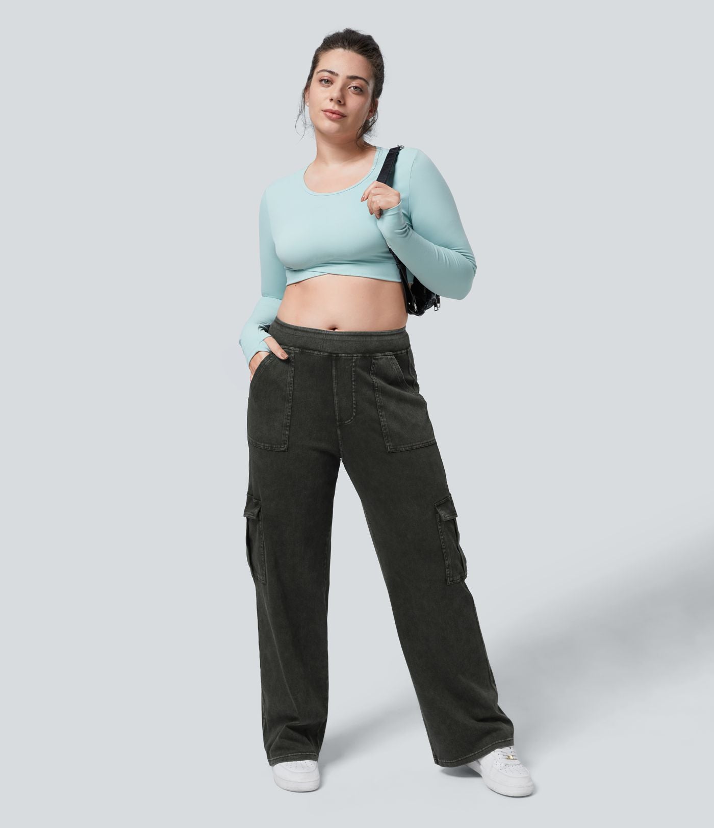 Halara Flex™ Jean Droite Cargo Taille Mi-Haute Multiples Poches Décontracté Extensible Droite Grande Taille