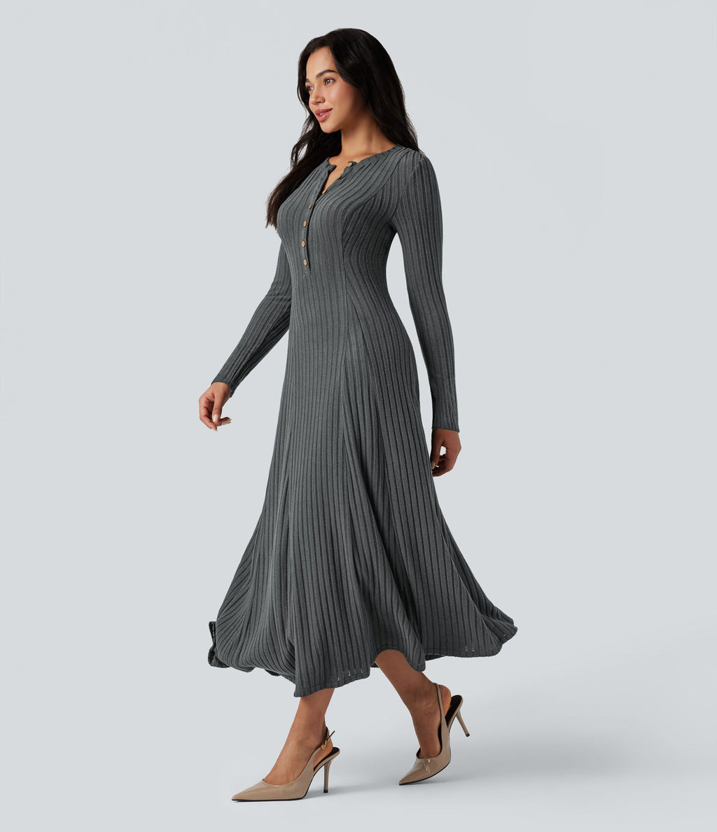 Robe longue fluide maille côtelée col henley manches longues
