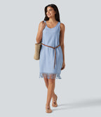 Robe mini sans manches col V avec ourlet à franges