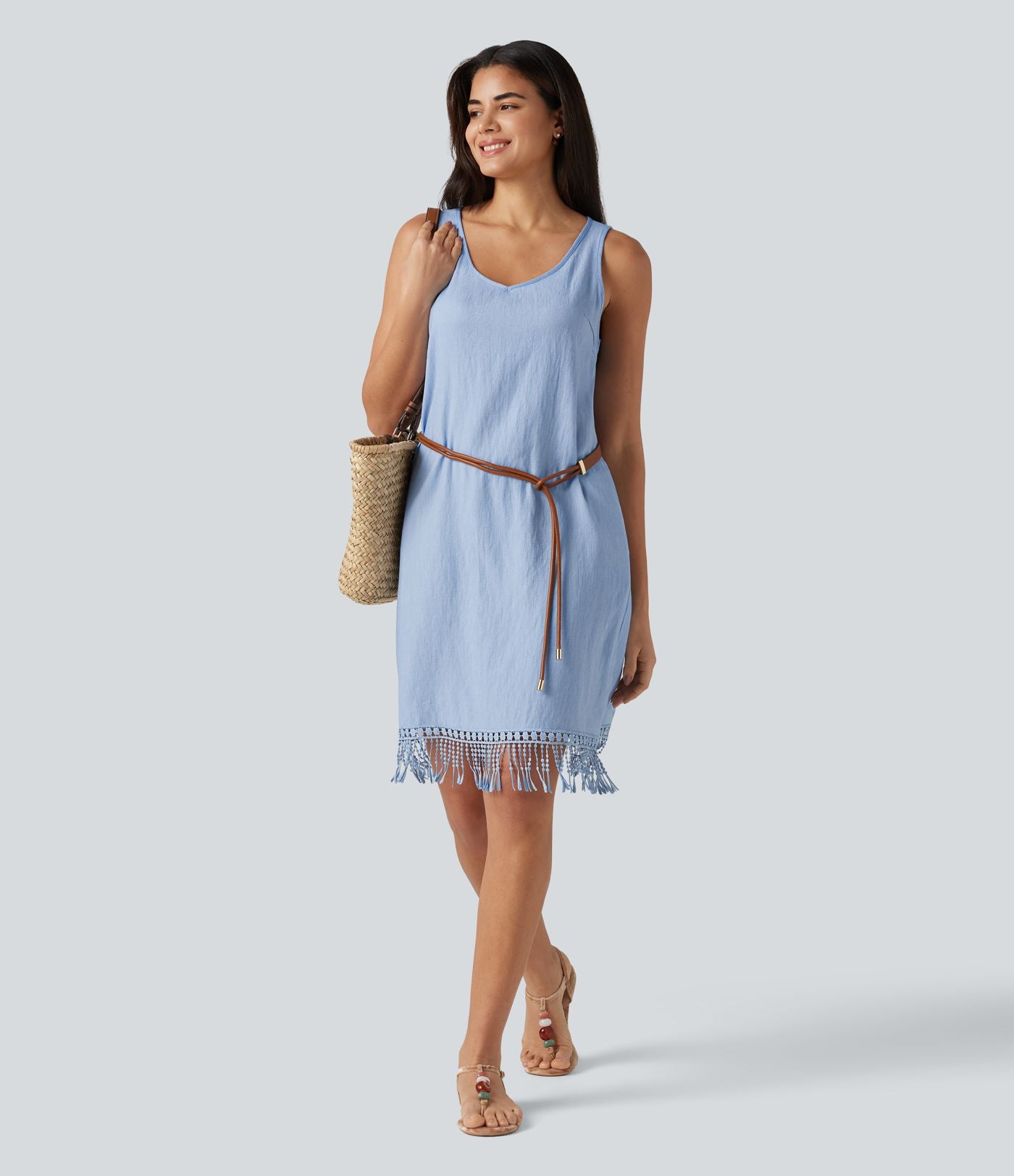 Robe mini sans manches col V avec ourlet à franges