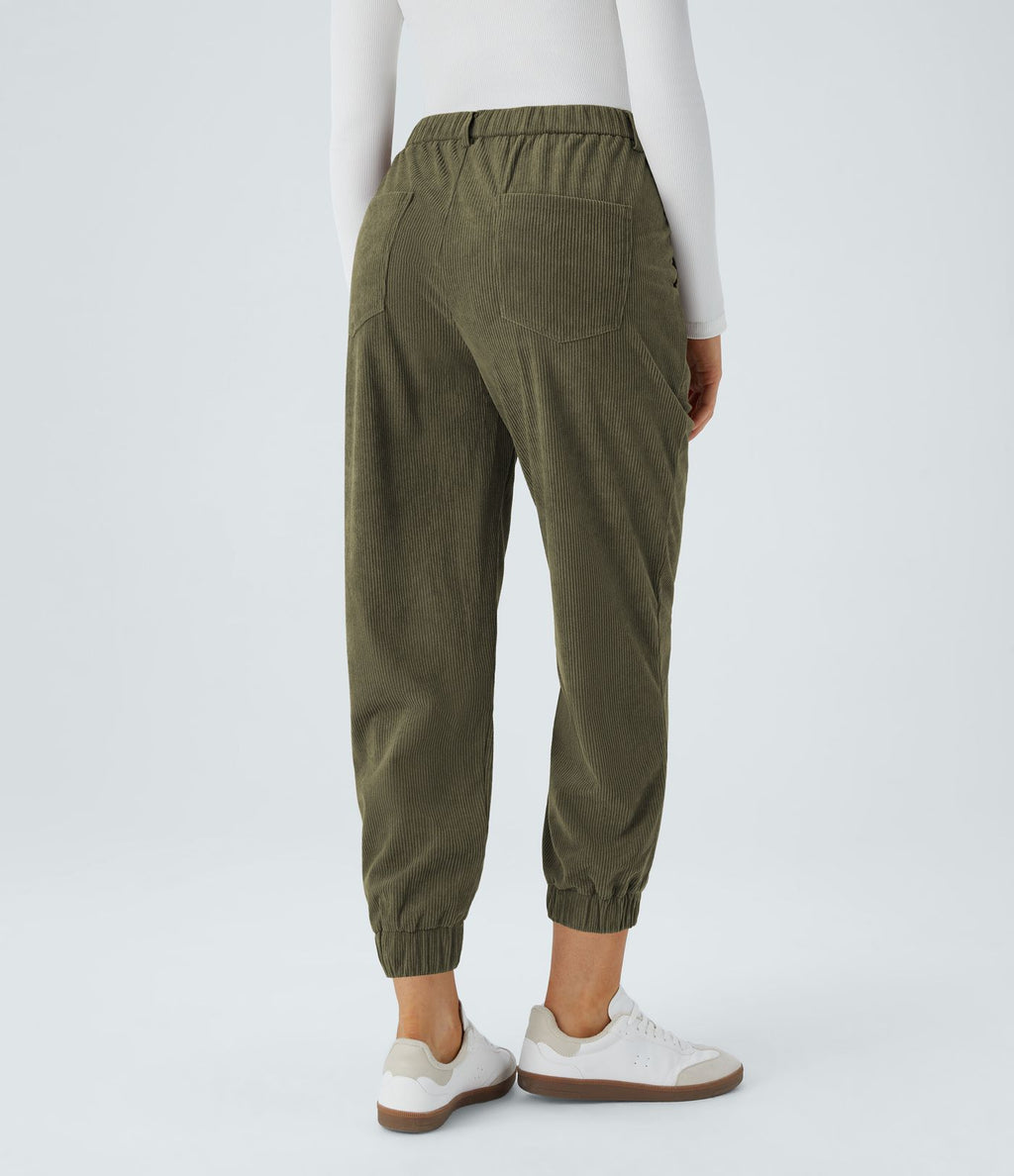 Pantalon décontracté en velours côtelé avec taille mi-haute, boutons et fermeture éclair