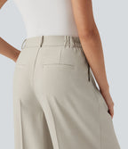 Pantalon tailleur anti-froissement aspect lin taille haute jambe large avec poches