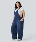 Salopette décontractée Halara Flex™ grande taille en maille denim extensible délavée col V avec poches