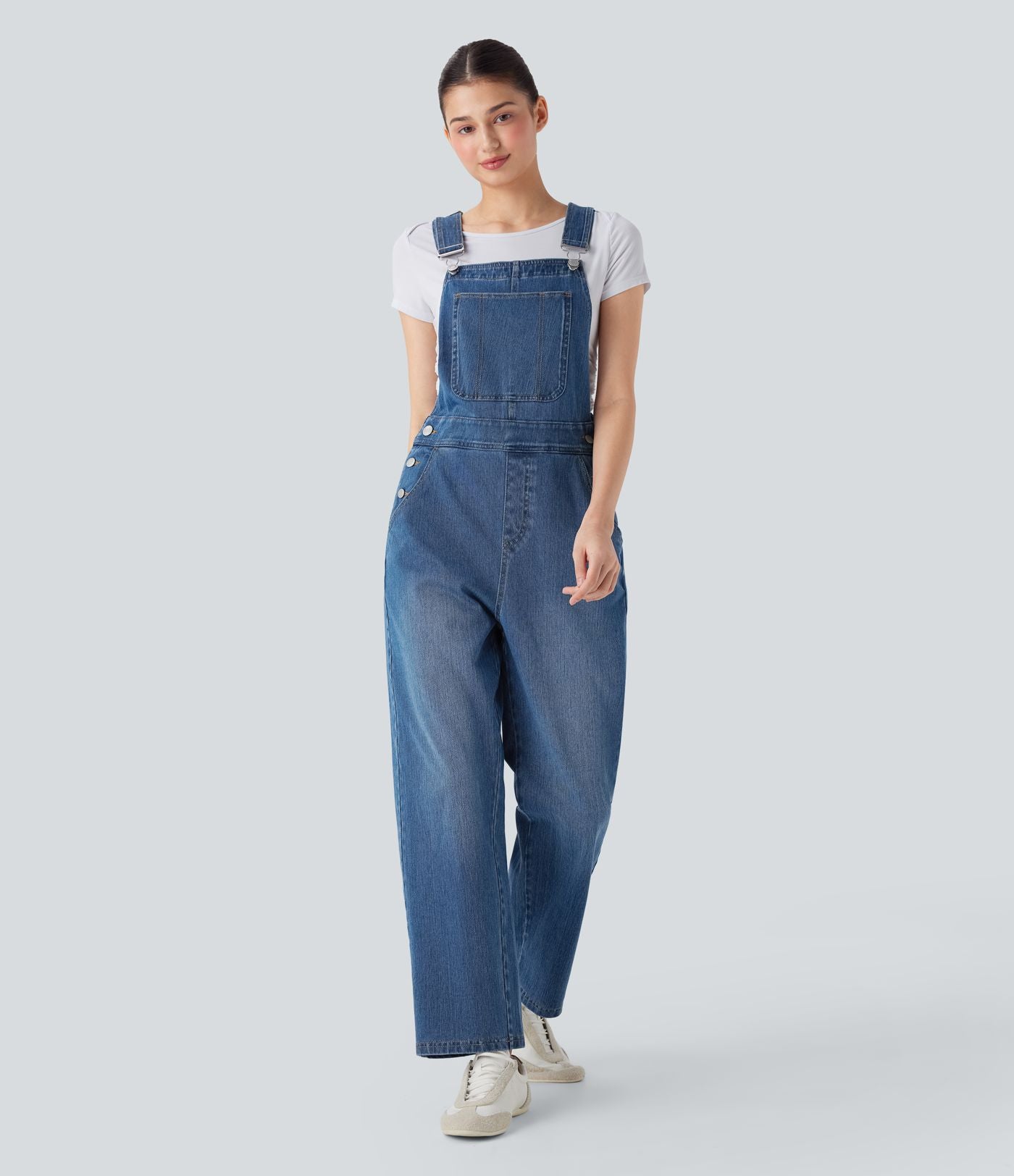 Salopette casual denim Halara Flex™ jambe droite maille extensible avec boutons et multiples poches