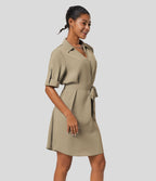 Robe-chemise décontractée à col, manches retroussables et ceinture