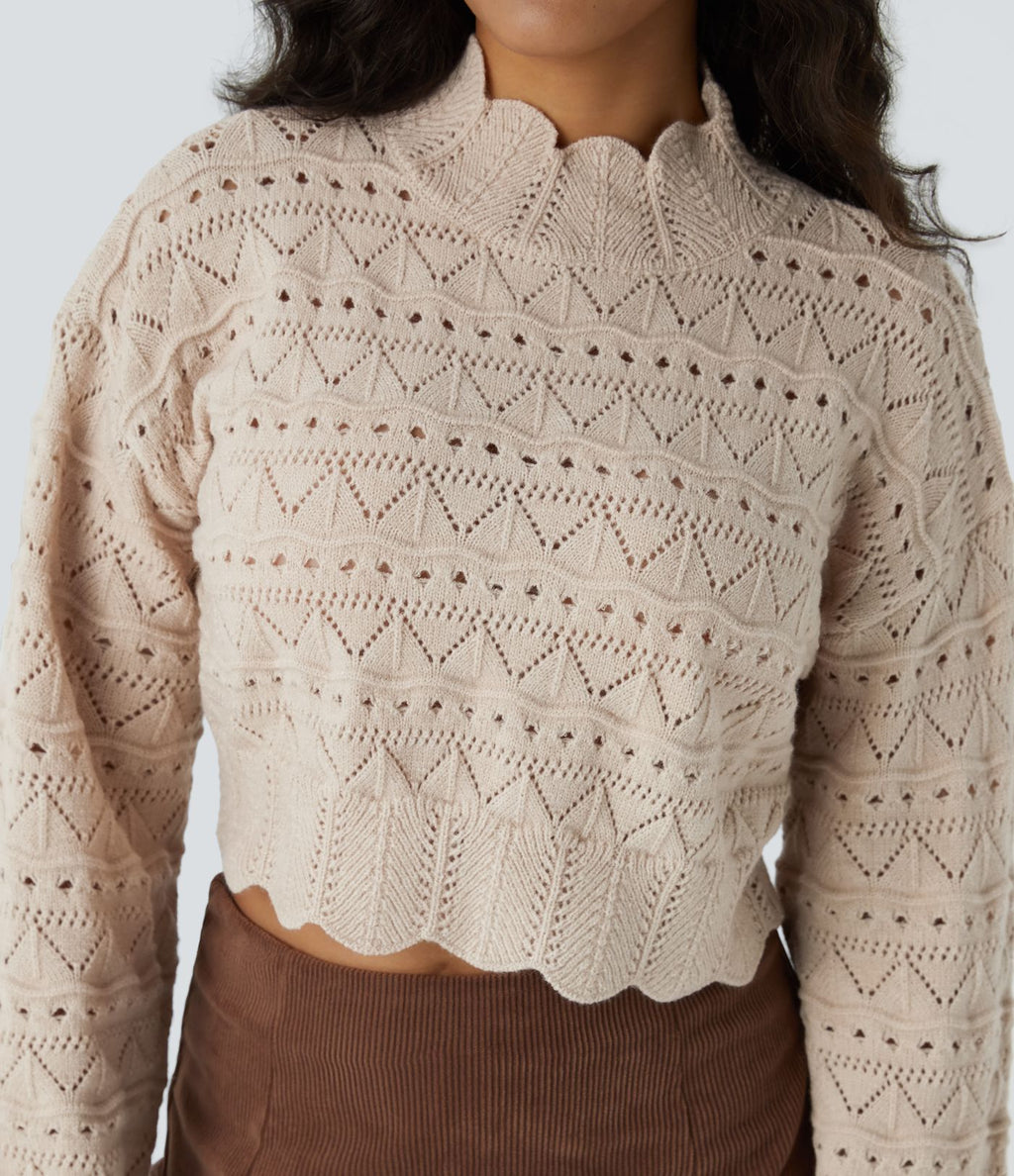 Pull décontracté à col montant, manches évêque, ourlet festonné et maille ajourée
