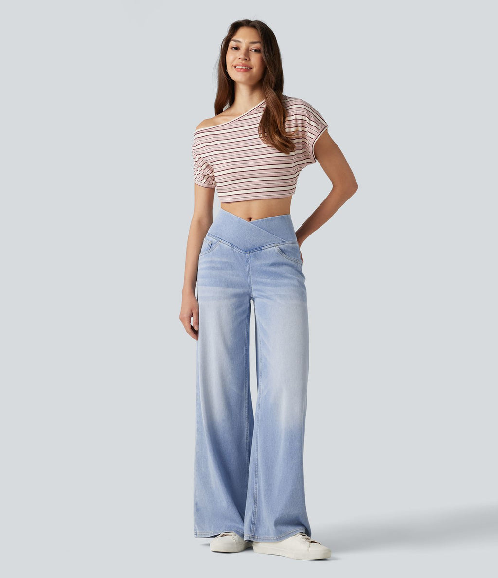 Halara Flex™ Jean large casual taille haute croisée ventre plat, avec poches