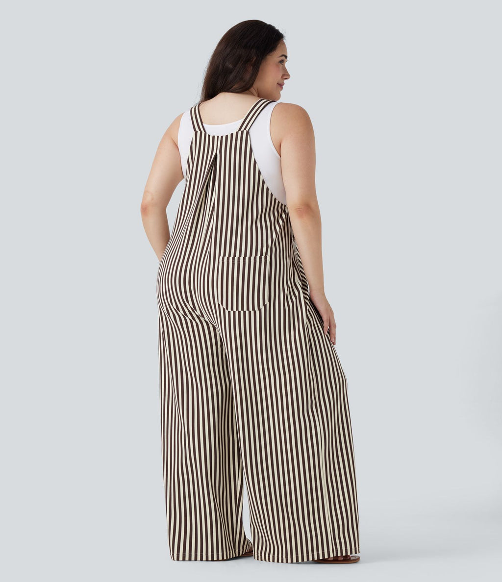 Salopette de séjour grande taille tissu gaufré rayée à bretelles ajustables avec boutons et multiples poches
