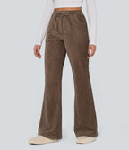 Pantalon de détente évasé en velours taille haute avec cordon de serrage et poches