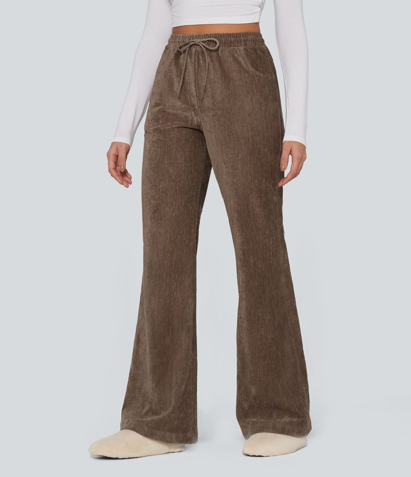 Pantalon de détente évasé en velours taille haute avec cordon de serrage et poches