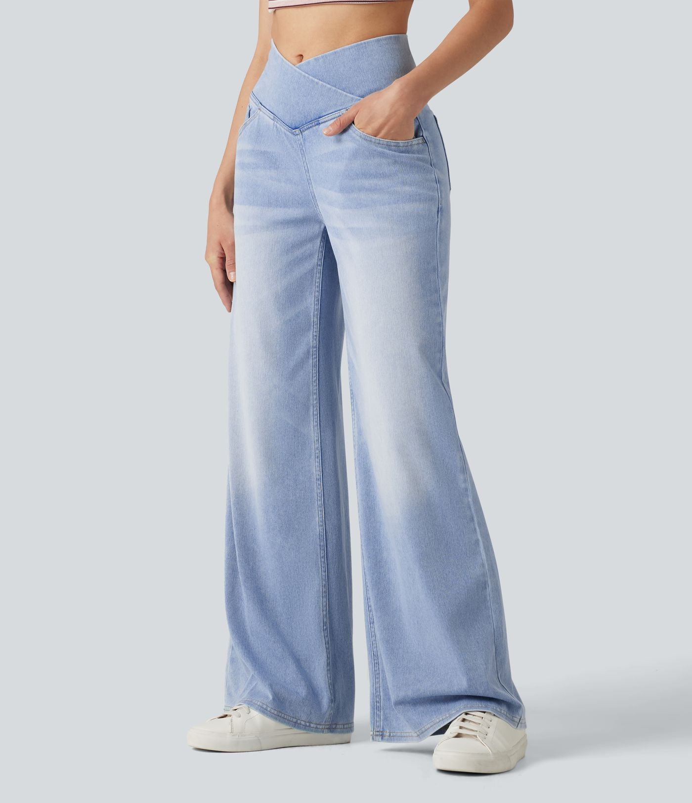 Halara Flex™ Jean large casual taille haute croisée ventre plat, avec poches