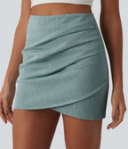Jupe mini moulante casual 2-en-1 aspect lin taille haute avec fermeture éclair invisible, drapé froncé et ourlet croisé