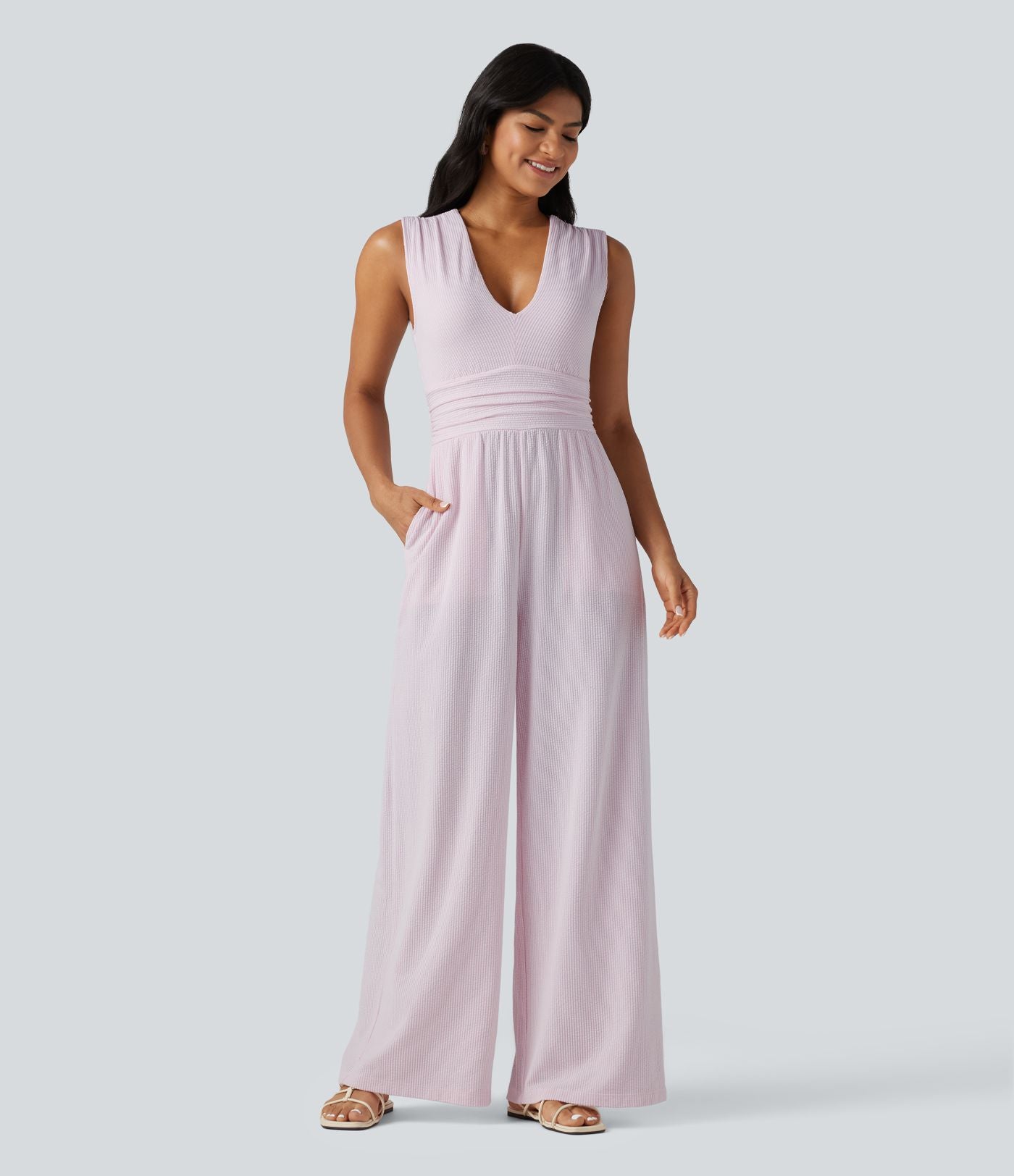 Combinaison sans manches col V à rayures avec brassière intégrée et poches – Édition Easy Peasy