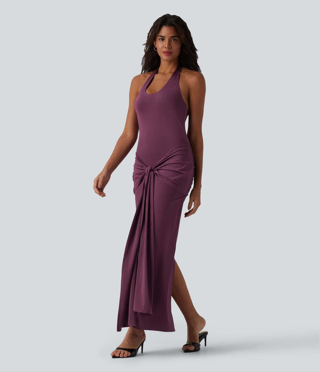 Robe maxi moulante col licou froncée effet frais InstantCool à nouer devant
