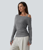 T-shirt décontracté asymétrique en mélange de laine à une épaule et manches longues