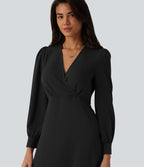 Robe casual midi col V à manches longues bouffantes