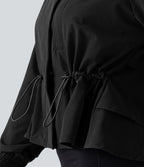 Veste cape d'entraînement à capuche amovible avec cordon de serrage, mesh contrastant et ourlet à volants avec poche