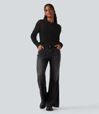 Pull ajouré demi-zip col rond manches longues