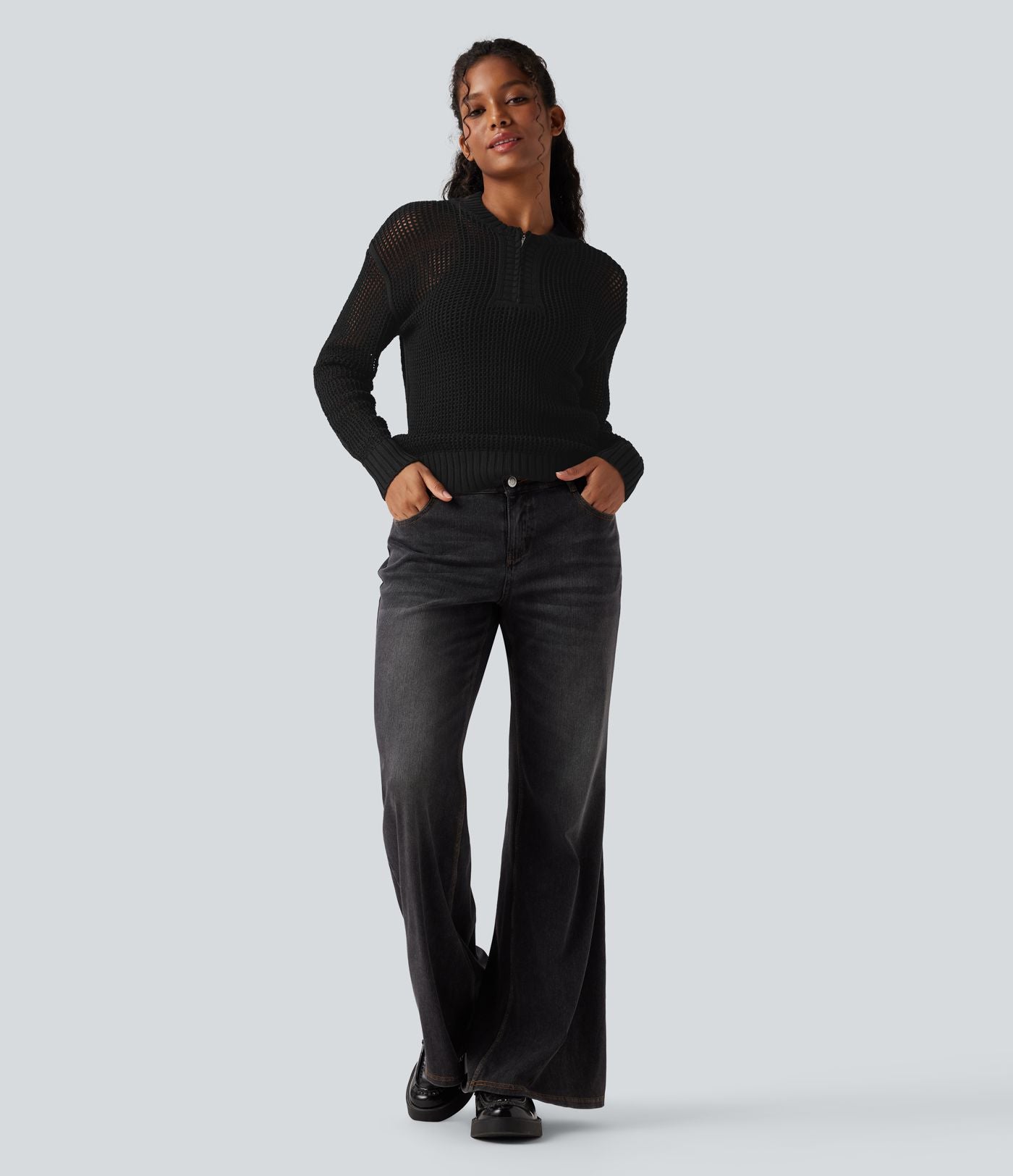 Pull ajouré demi-zip col rond manches longues