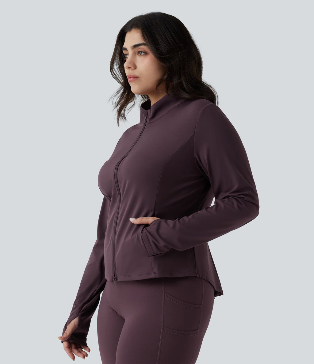 SoftlyZero™ Veste de randonnée grande taille ajustée zippée plissée à col montant avec passants pouces et poches - UPF50+