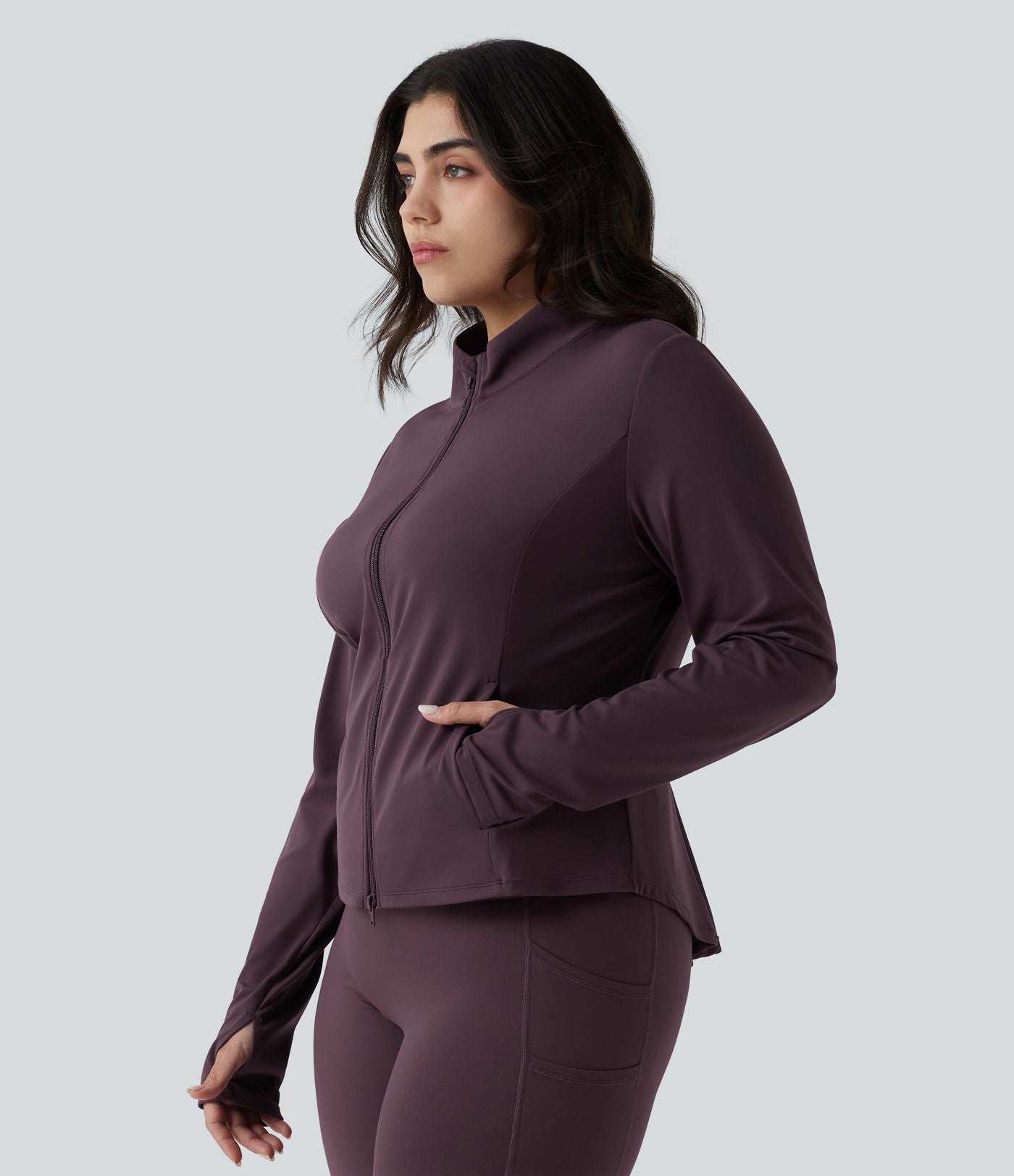 SoftlyZero™ Veste de randonnée grande taille ajustée zippée plissée à col montant avec passants pouces et poches - UPF50+