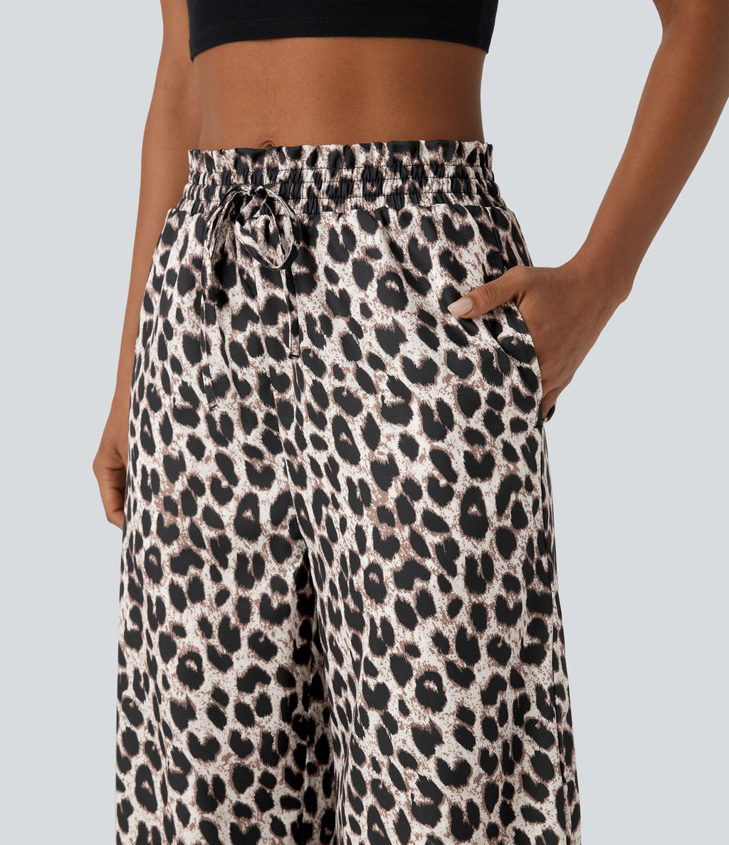 Pantalon large et fluide à imprimé léopard, taille haute avec cordon de serrage et poches latérales