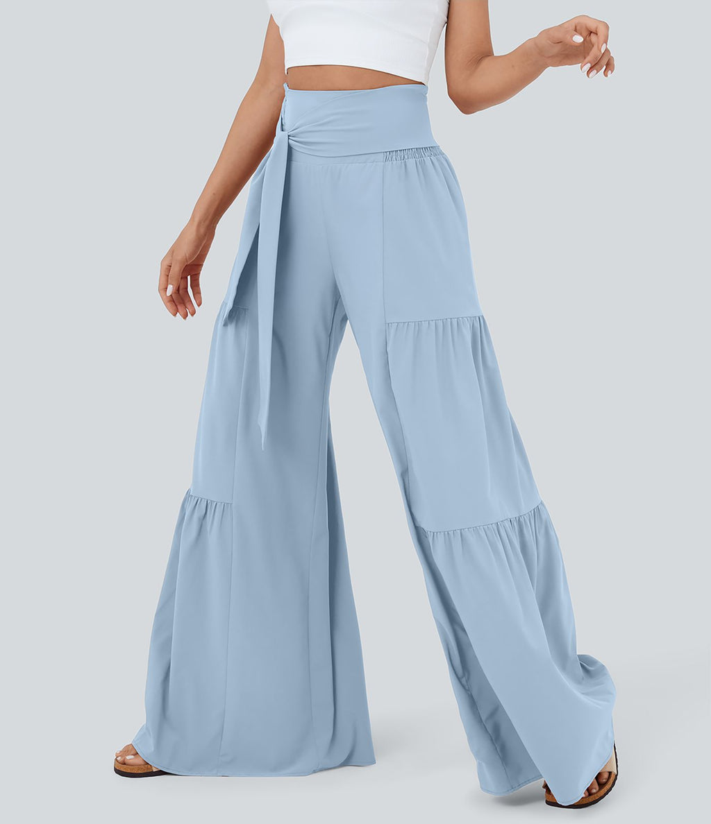Breezeful™ Pantalon Large Casual Taille Haute Froncé à Nouer Devant et Dos Fluide Séchage Rapide