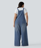 Grande taille Halara Flex™ Salopette casual en jean délavé col carré avec poches