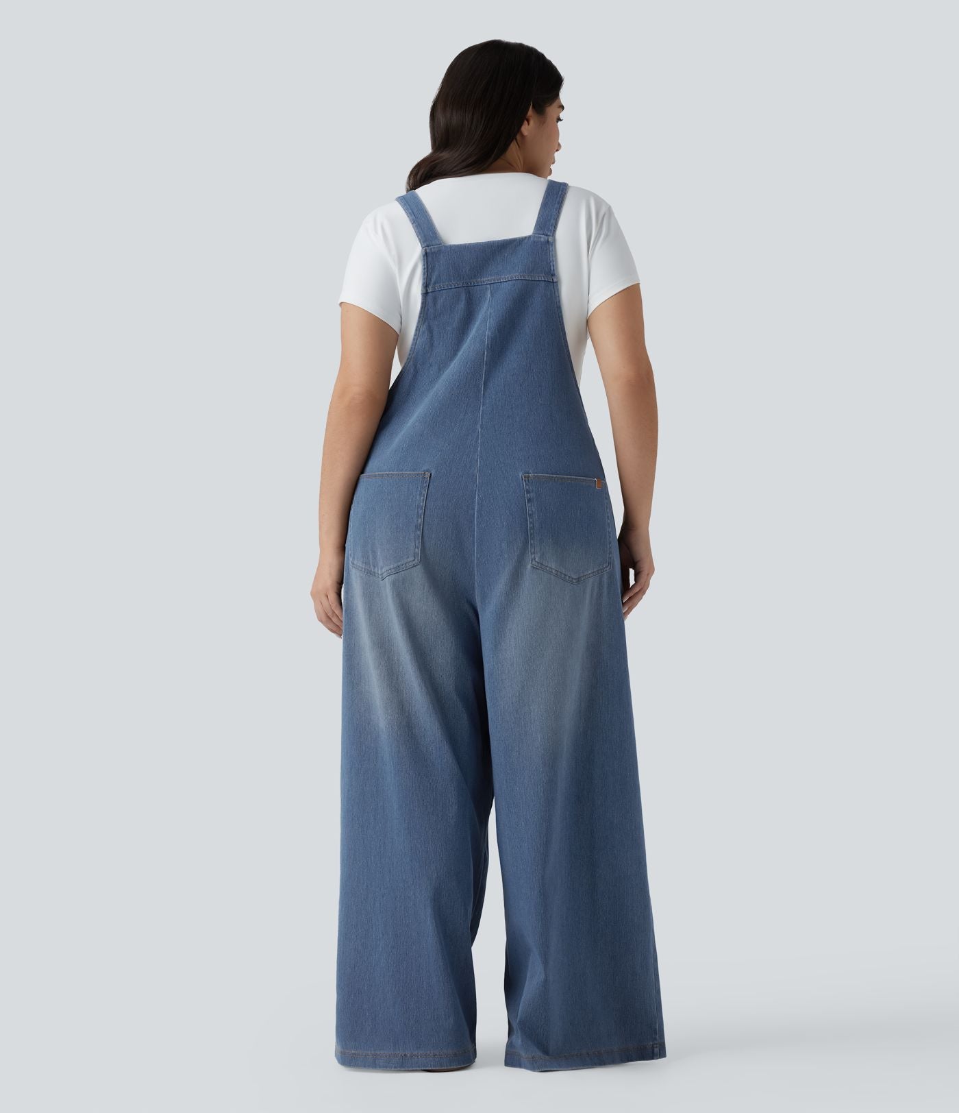 Grande taille Halara Flex™ Salopette casual en jean délavé col carré avec poches