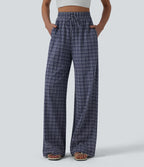 Pantalon large casual taille haute carreaux froissés à séchage rapide avec cordon de serrage et poches zippées