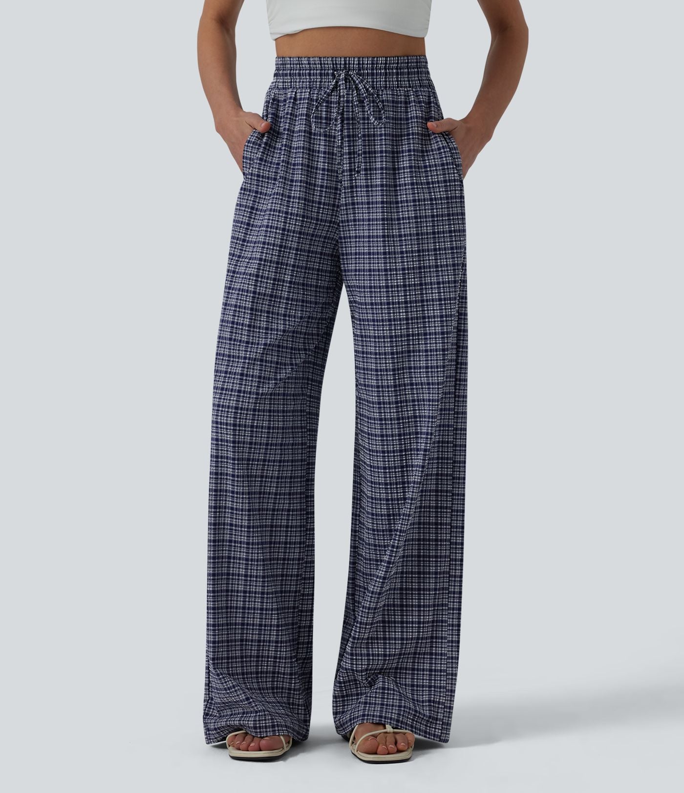 Pantalon large casual taille haute carreaux froissés à séchage rapide avec cordon de serrage et poches zippées