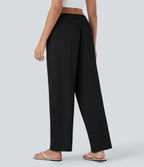 Pantalon de Vacances Taille Moyenne avec Fronces et Poches Latérales  et Aspect Lin