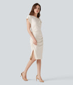 Robe habillée asymétrique col bénitier manches courtes froncée avec ourlet fendu